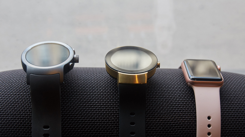 Pictured left to right: the LG Watch Sport, Movado Connect, and Apple Watch Series 2.